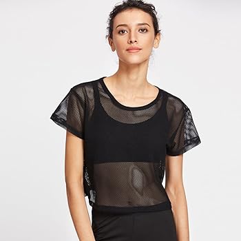 Women Sexy Perspective Black Mesh Cover Up Sports Meshed Top